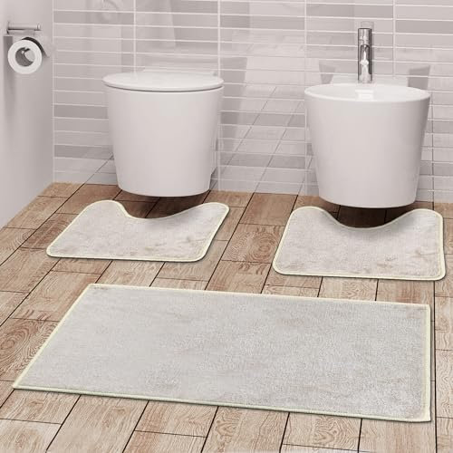 Comart - Set Tappeti Ocean Bagno - Tris Tappeti Bagno: Un Tappeto Rettangolare 45x75 cm + Due Giro Water o Bidet 45x75 cm - Soffici e Morbidi - Sottili e Antiscivolo - Lavabili in Lavatrice - Naturale