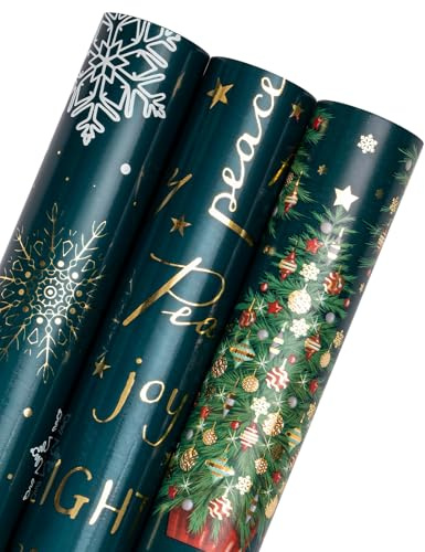 RUSPEPA Rollo De Papel De Regalo Navideño - Mini Rollo - 3 Rollos - 43,2 Cm X 3 M Por Rollo - Diseño Navideño Verde De Árbol De Navidad Y Copo De Nieve Con Brillo De Lámina Metálica