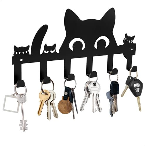 Porte Clé Mural Chats, Animaux Crochet à Clé Autocollant, Porte Clef Mural avec 6 Crochets, étagère Sans Perçage Porte Clés Mural Deco, Polyvalent Métal Accroche Clef Mural, Convient Maisons(Noir)