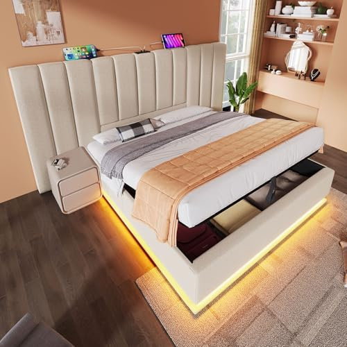 Lumivortex Dubbelsäng 180 x 200, klädselsäng med förvaringsutrymme, säng med LED- och USB-laddningsport, sängram med ribbotten, linne, utan madrass och nattduksbord (beige 180 x 200)