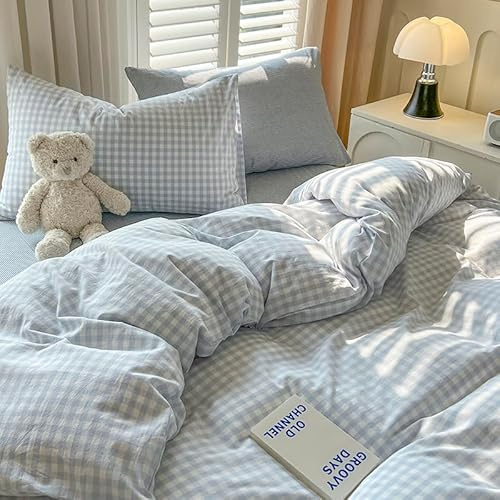 Koudi Kariet Set di biancheria da letto 155x220 cm, motivo a quadri blu e bianco, per ragazze, in microfibra, reversibile, set di biancheria da letto e federa 80x80 cm con cerniera