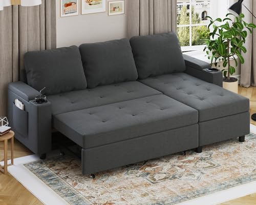 Devoko Cornor Sofa Bed,L-Shaped sofa with Storage, Pull out Convertible Sleeper Sofa Beds 3 Seater Sectional Sofa Couch Bed Settee for Living Room,Bedroom,Grey