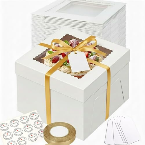 Fukmory 5 Stück Tortenbox Tortenkarton Hoch,30,5×30,5×20,3cm Cake Box mit Fenster und 5 Kuchenrunde Bretter, Kuchenverpackung Set für Geburtstage, Partys, Hochzeiten, Jubiläen