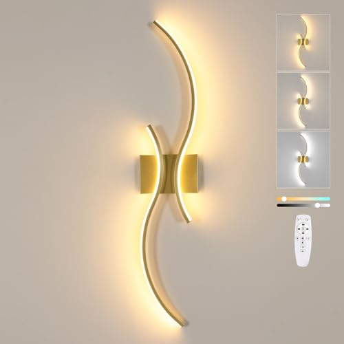 Goeco Applique LED da Parete Interni, 32W 80 CM Luci da Parete Dimmerabile Lunga con Telecomando 3000K-6500K con 2 Luminosi Ondulati per Soggiorno, Camera da Letto, Dorato