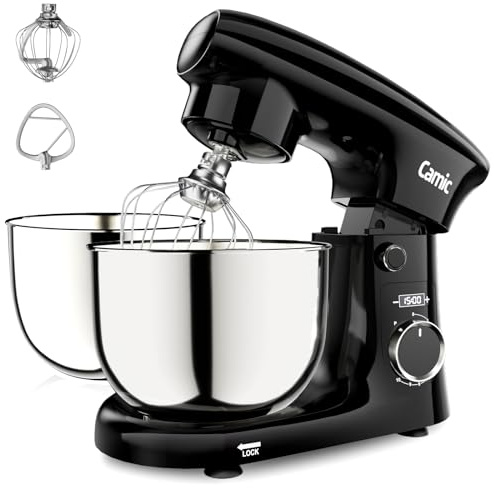 Camic Küchenmaschine mit LED-Display, Zeit Einstellen, Knetmaschine mit Rührhaken, Knethaken, Schlagbesen, 10 Stufen, 2 Edelstahlschüsseln 4L+5L, für Teig, Brot, Pizza, Kuchen