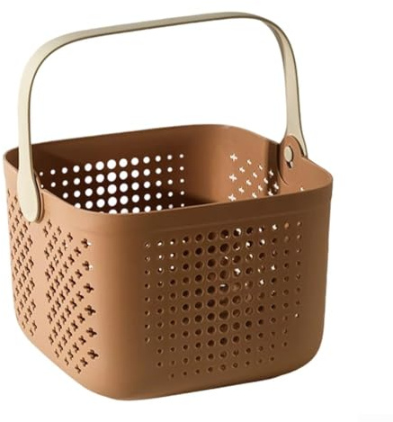Cubeta de Baño Portátil con Mango, Cesta Organizadora con Base Hueca para Secado para rápido, Contenedor de Plástico PP para Artículos de Aseo, Uso en Cocina o Viaje, 22.5x16.5x21cm(brown)