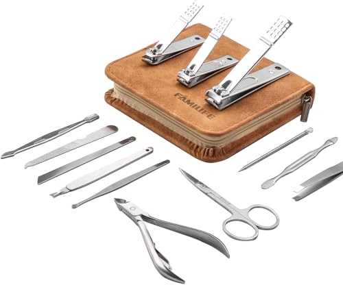 FAMILIFE Manicure Set, Nail Professional Kit Manicure Kits Nail Clipper Sets, 13PCS Stainless Steel Pedicure Sets Mens Grooming Tool, with Brown Leather Travel Case for Men