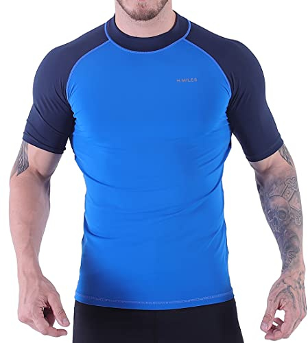 H.MILES Kortärmad rashguard för vuxna män, baslager för simning, snorkling, surfing, toppar, t-shirt för dykning och strand, Himmel/marinblå, 4XL
