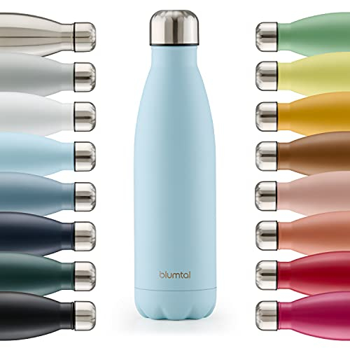 Blumtal® Bouteille isotherme Charles- Gourde 350ml - Gourde inox sans BPA froid&chaud- Contenant isotherme en métal- Bouteille d'eau- Gourde acier inoxydable- Bouteille isotherme 350ml - Bleu clair
