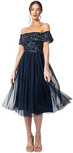 Maya Deluxe Damen Maya Deluxe Bardot Embellished Midi Bridesmaid Dress, Navy, 40 EU