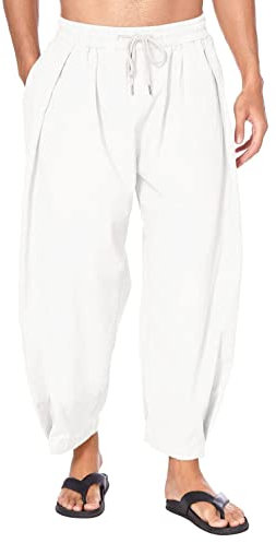 FEOYA Herren Haremshosen Baumwolle Leinen Kordelzug Leichte Haremshosen Elastische Taille Baggy Hosen Lose Strandhosen Weiß S