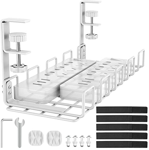 REFLYING Kabelträger ohne Bohren unter dem Schreibtisch, Verbesserte Kabelrinne mit Klemme für Tisch, Stabiler Metall-Kabelkanal für die Steckdosenleiste, Weiß, Eine Packung
