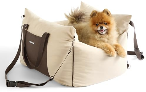 Lesure Small Dog Car Seat for Small Dogs - Dog Booster Seat for Car with Waterproof Bottom, Clip-On Safety Leash and Thickened Memory Foam Filling, Pet Carseat Puppy Travel Carrier Bed, Beige