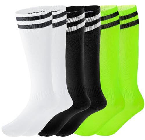 Fanshiontide 3 Pairs Kids Long Football Socks, 3 Colors Breathable Soccer Socks for Daily Running Training - Boys Aged 5-12