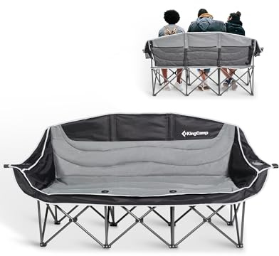 KingCamp Camping Soffa 3-sits campingstolar för vuxna med vadderad sittplats, mugghållare, armstöd, överdimensionerad lyxig bekväm campingstol, slitstarka hopfällbara stolar för trädgård, svart