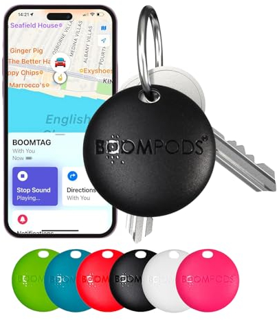 Boompods Boomtag Schlüsselfinder - Smart Tag Wallet Finder, Mini GPS Tracker Bluetooth kompatibel mit Apple Wo ist? App, Schlüssel- & Gegenstandsfinder für Schlüssel, Koffer, Kinder und Hund, Schwarz