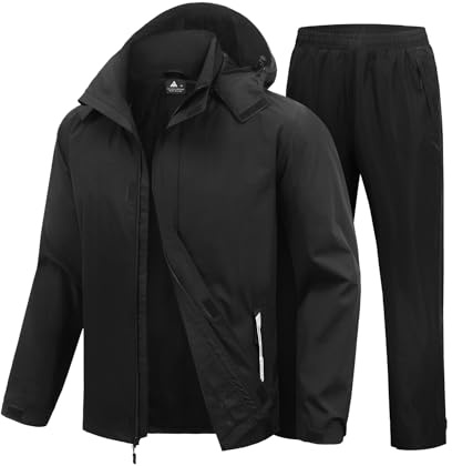 SWISSWELL Mens Women Rain Suit Rain Jacket and Pants Waterproof Lightweight Windbreaker with Detachable Hood for Golf Fishing Black Large