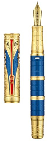 HONG DIAN D5 - Pluma estilográfica Qin Dynasty Oro azul, pluma de relleno de pistón de punta extrafina, bolígrafo de escritura suave de grabado de tótem chino retro con juego de caja de bolígrafos