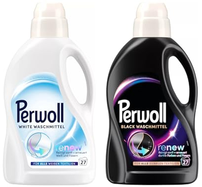 PERWOLL Flüssig-Set 2x 27 Waschladungen (54WL) Black & Color für Helles, Feinwaschmittel-Set reinigt sanft und erneuert weiße, helle & dunkle Farben und Fasern, mit Dreifach-Renew-Technologie