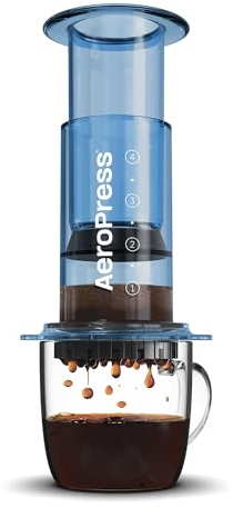 AeroPress Clear Blue Coffee Press – 3‑in‑1 Brühmethode kombiniert French Press, Pour‑Over und Espresso. Vollmundiger Kaffee ohne Satz oder Bitterkeit. Tragbare Kaffeemaschine – blau