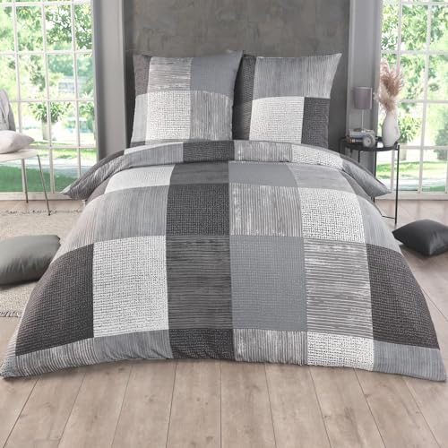 Bettwäsche 135x200 2 teilig - Mikrofaser Bettbezug 135x200 cm + Kissenbezug 80x80 cm - atmungsaktiver Stoff mit Reißverschluss - für Einzelbett - modernes Karo Design Grau