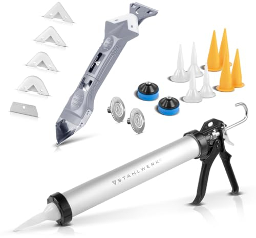 STAHLWERK Pistolet en silicone SP-600 ST avec spatule en silicone 600 ml - Pistolet à cartouche en aluminium - Pistolet à cartouche avec grattoir en silicone - Extracteur de joints - Lisseur de joints