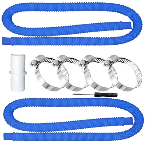 TFSZE Lot de 2 tuyau piscine,Tuyau 32mm Blanc,2 tuyaux de piscine 1,5 m, long tuyau de rechange pour piscine,avec 4 colliers de serrage métalliques und1 raccord de tuyau,Adapté à une variété de pompes