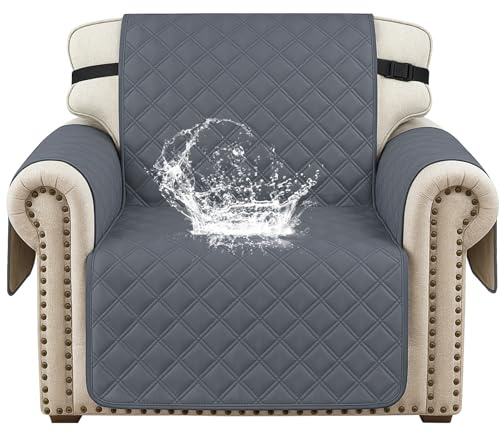 YSTELLAA 100% Wasserdicht Sesselhusse 1 Sitzer, Sofabezug rutschfest, Gesteppte Sofaüberzug Mit Seitentaschen, Couchschoner, Couch Überzug Kratzfest Für Haustiere Hunde Katzen, Dunkelgrau