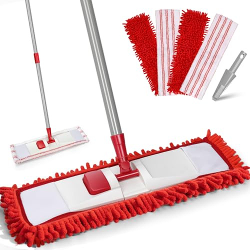 Eukue Bodenwischer Set, Chenille Wsichmopp mit 4 Moppkopf, Mikrofaser Wischer Flachmop Set mit Einstellbar Edelstahlgriff Geeignet für Alle Boden, Rot