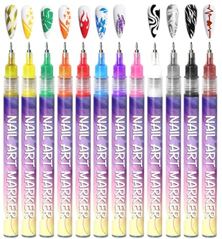 12 Colors Nail Art Pens Set, Art Markers Kids,Fine Tip Arts Markers 0.5mm, Quick Dry Painting & Dotting Polish Pens,Graffiti Pen,Nails Arts Drawing Tool,Dotting Tool, Home & Salon Use