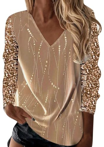 Blusas De Mujer Elegantes De Fiesta Manga Larga Sequin Ropa de Festivas Lentejuelas Elegantes Blusas y Camisas Vestir Tallas Grandes Brillantes T-Shirt Chic Cuello En V Brillo Túnica Top Nochevieja