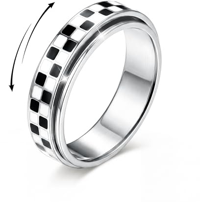 Anti Stress Ring Fidget Ring für Damen Herren – Hypoallergen Schachbrettmuster Edelstahl Anxiety Ringe, 360° Spinner Anti Angst Ringe zur Stresslinderung, Wasserdichter Stressabbau Modeschmuck-S-9