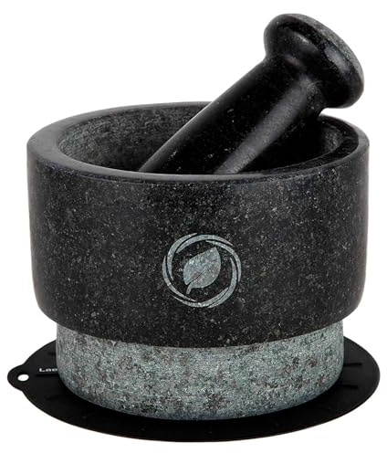 Laevo Mortar and Pestle Large Set - Black Granite Stone Spice Grinder, 2.1 Cup Capacity, 5.5 Inches - Reversible Molcajete Mexicano - Guacamole, Spices - Large Mortar and Pestles Set