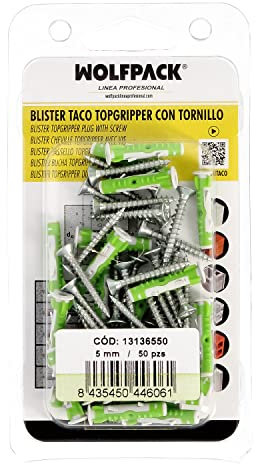 WOLFPACK LINEA PROFESIONAL - Blister Tacos Topgripper Bimaterial Con Tornillos Ø 5 mm. 50 Piezas Taco Anclaje Universal, Taco Hormigon, Taco Pladur,