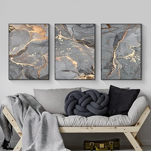 LYBOHO Wall Pictures Living Room Grey Golden Fluid Art Marble Texture Abstract Wall Art Canvas Pictures - Without Frame (Marbled 3, 3PCS-40x60cm)