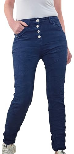 Karostar Stretchjeans för kvinnor | basic pojkvänsbyxor | twill byxor med knappslå, marinblå, L
