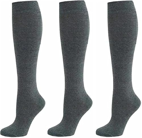 COSHAL 3 calze da scuola alte al ginocchio in cotone ricco di calzini per il ritorno a scuola uniforme da festa usura comfort fit bambini calzini scuola al ginocchio, Grigio, 7-10 Years