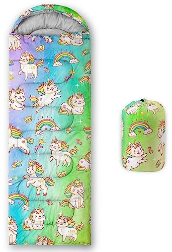 HOSIMA Sac de couchage pour enfant - Motif licorne arc-en-ciel imprimé - Léger, chaud, portable - Pour l'extérieur et l'intérieur - Imperméable - Résistant au froid - Pour le camping, la randonnée
