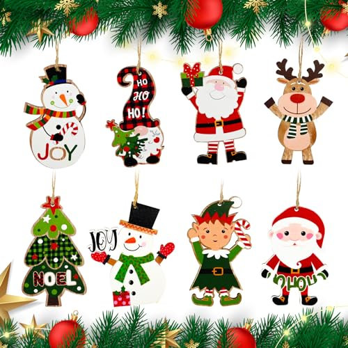 8 Pcs Wooden Christmas Tree Decorations,Xmas Wood Hanging Pendants Colorful Christmas Tree Decorate Pendant with Rope for Xmas Decor Supplies