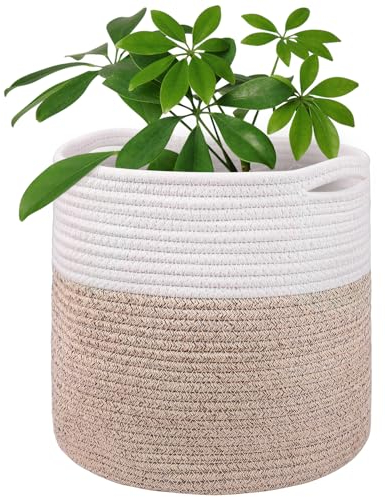 tenn well 30cm Indoor Pot for Plants with Liner, Cotton Woven Storage Basket Large Plant Pots for Indoor Plants, Flower Pot, Laundry Organiser and Home Decoration (White and Khaki)