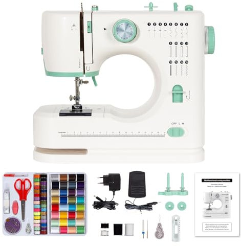 Todeco Nähmaschine für Anfänger und Kinder, 16 Stichmuster, Doppelte Nadel und doppelter Faden, Nähmaschine Klein mit Fußpedal Nählicht Elekt, mit Nähset (Grün)