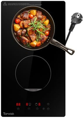 Topwish placa induccion 2 fuegos integrada, placa de inducción 30cm, placa inducción dos fuegos con cierre de seguridad, Booster, Indicador de superficie caliente, con enchufe, 3500W