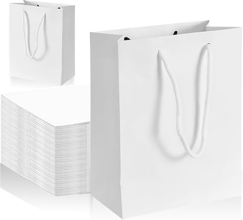 Presentpåse med handtag, 10 st vita papperspåsar | Återanvändbara papperspresenter till julkläder mors dag bröllop födelsedagar förpackning (vit) - 20 x 10 x 28 cm)