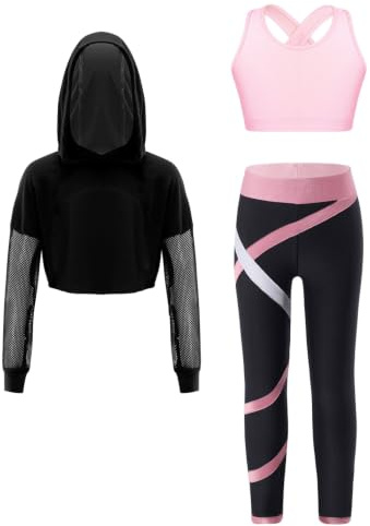 ranrann Barn flicka sport set fitness yoga gym linne leggings huvtröja sportkläder 5–16 år, rosa, 9-10 �r