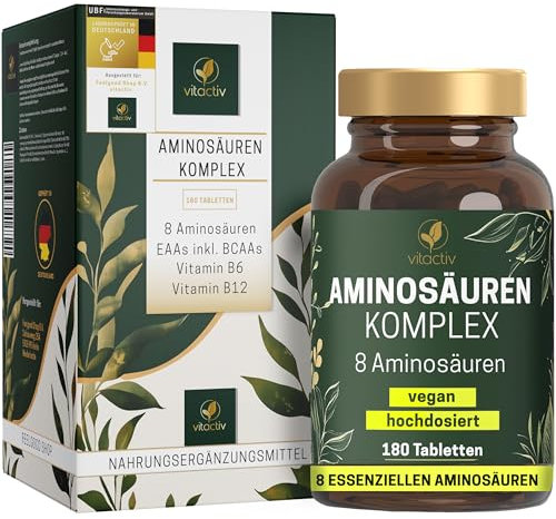 VITACTIV Aminosäuren Komplex Hochdosiert - 180 Tabletten, ca. 6000mg pro Tag - 8 essentielle Aminosäuren EAA, plus 4 Cofaktoren - Vitamin B6, B12 - Für Sport & Aktivität - Vegan, Laborgeprüft