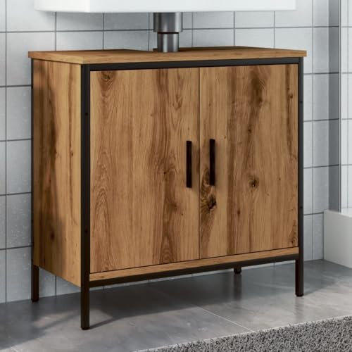 Homvdxl Rustic Under Sink Bathroom Cabinet for Washbasins without Pedestal, Farmhouse Style Under Sink Storage Cabinet with 2 Doors & Metal Legs, 60x30x60 cm - Oak