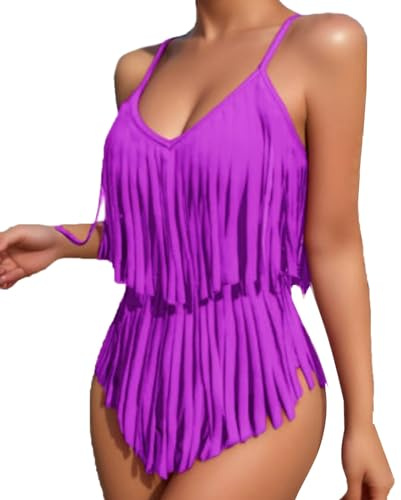 Women's One Piece Swimsuit Fringe Tassels Swimsuit Bikini Swimwear Tummy Control Swimming Costume Ladies Bathing Suit Push Up Backless Adjustable Straps Swimwear