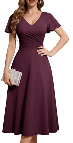 Fynadressr Plus Size Womens Cocktail Prom Dress Wrap V Neck Short Sleeve Cross Belt Ruched Wedding Guest Party Midi Dresses Burgundy 2XL