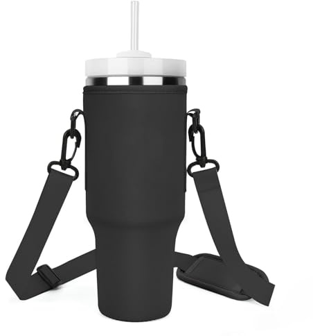 Lafefe Water Bottle Carrier Cover Bag, Stanley 40 Oz Tumbler Cup Accessories, 40OZ Bottle Bag, Adjustable Shoulder Strap and Carabiner Clip, for Mountaineering, Travel, Camping, Blcak