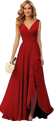 Vestido largo de gasa con cuello en V y volantes, vestido de dama de honor, plisado, vestido de noche formal con abertura